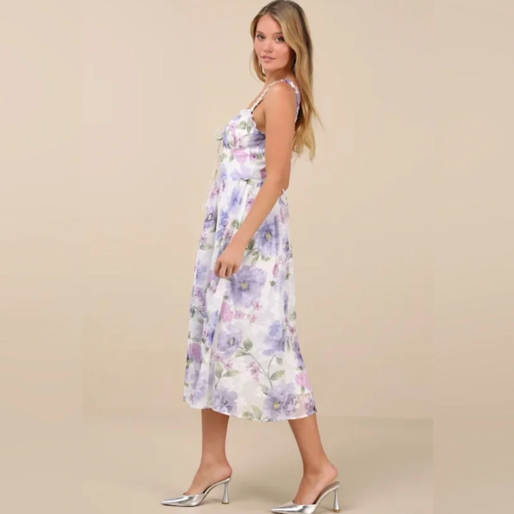 💜LULUS Hillela Ivory Floral Ruffled Lace-Up Midi Skater Dress💜SZ L- NWT - Picture 4 of 16